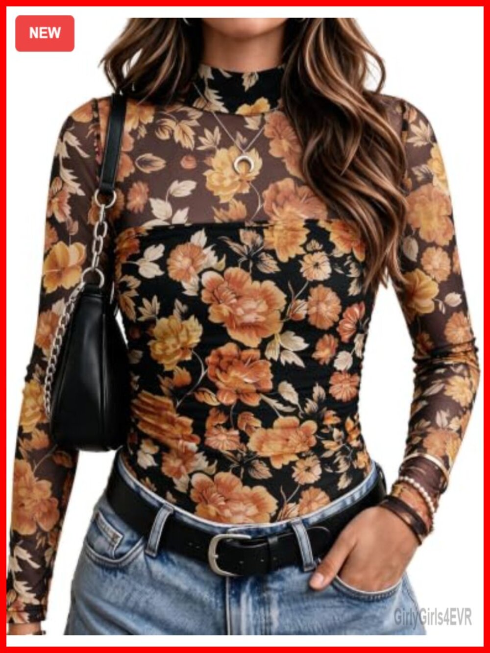 Mesh Long Sleeve Mock Neck Ruched Sheer Blouse Top